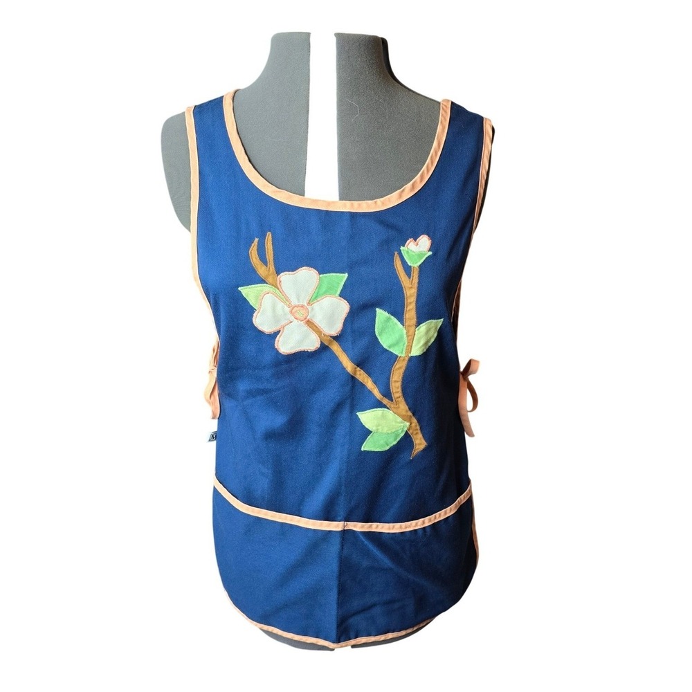 Retro‎ Mod Blue Cotton Tabard Apron Pink Trim Dogwood Blossom Applique Vintage M